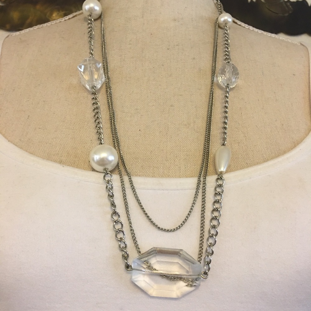 Multi strand tiered silver tone chain necklace